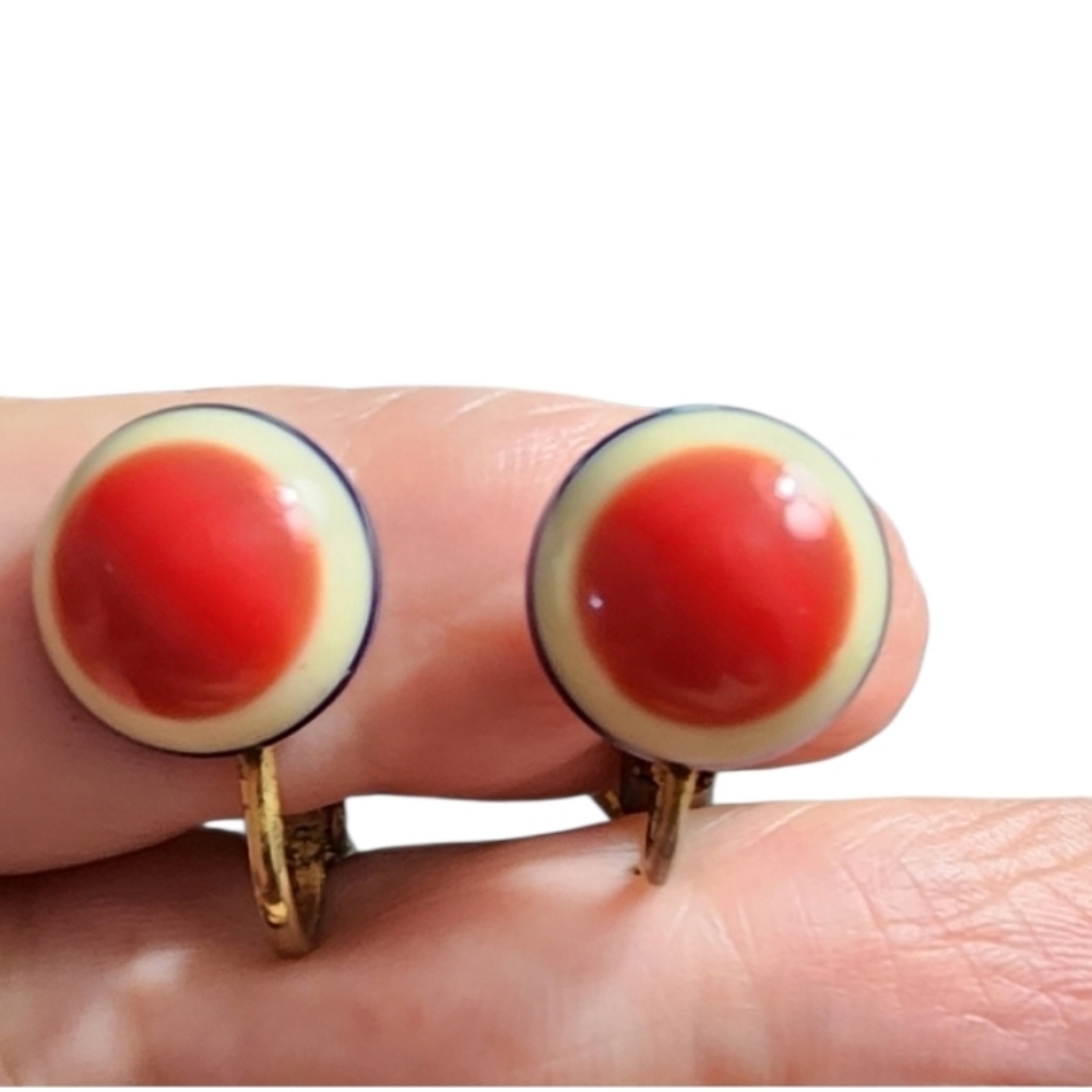 Vintage Red and Cream Clip-On Earrings